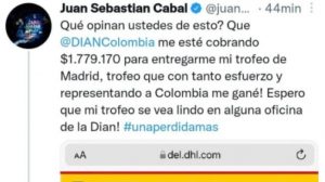 The response of the DIAN to Juan Sebastián Cabal for alleged excessive charge for sending one of his trophies to Colombia